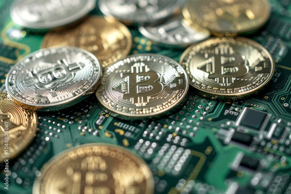 Poster bitcoin cryptocurrency coins lying on computer motherboard showing blockchain technology