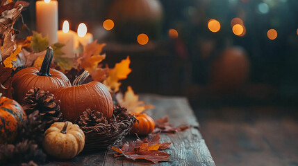 A beautifully arranged rustic Thanksgiving table decor with autumn leaves, pumpkins, and warm candlelight, with copy space. Wood grain texture dark tabletop holiday feast invitation background food