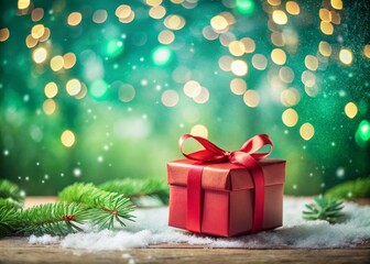 Festive Winter Concept: Red Gift Box on Green Bokeh Background for New Year, Christmas, Valentine's Day Celebrations with Copy Space for Your Text and Messages