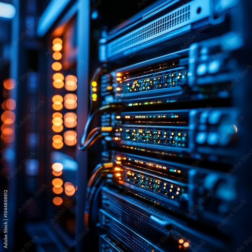 Poster close-up of server racks with glowing lights in a data center, showcasing technology.