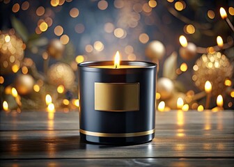 Matte Black Candle with Minimalist Gold Label in a Surreal Setting, Soft Lighting, and Abstract Background, Perfect for Home Decor and Candle Enthusiasts