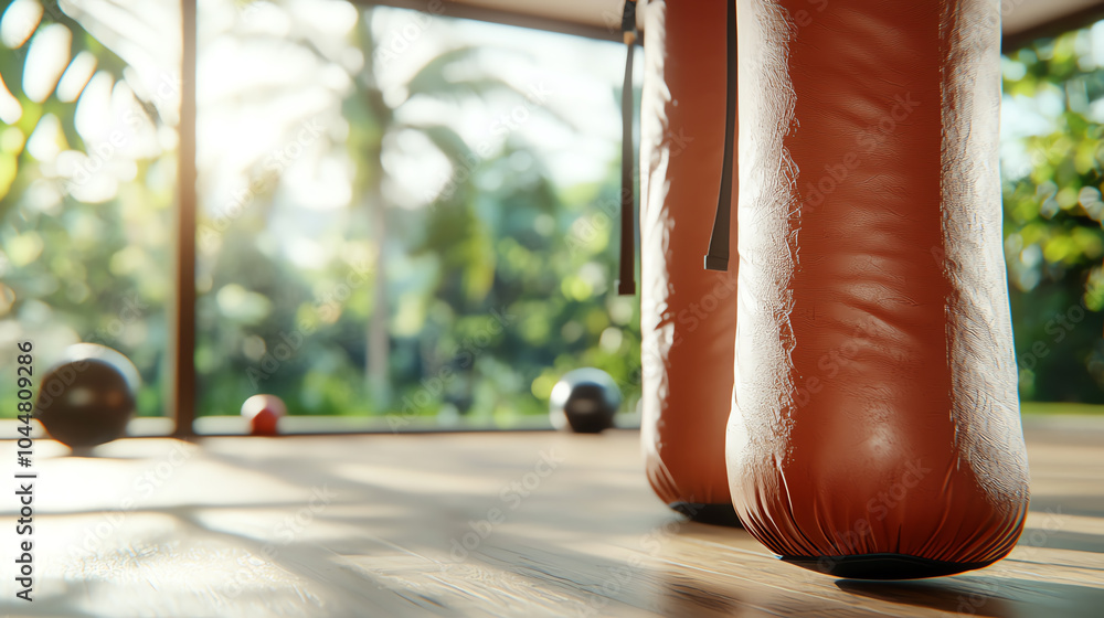 Poster exploring the dynamics of fitness a close-up view of a punching bag in a bright and invigorating gym