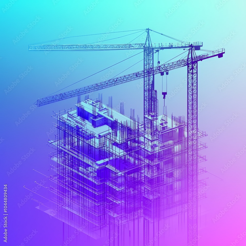 Poster abstract digital representation of a construction site with cranes and scaffolding.