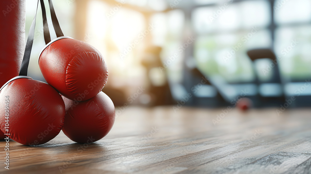 Poster exploring the intensity of boxing a close-up on red gloves ready for action in a training space