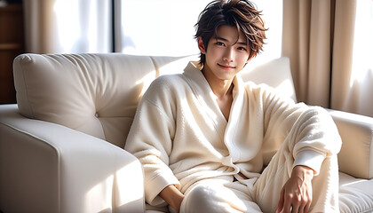 A handsome man relaxing on a white sofa in a living room with the morning sun shining in. Loungewear. Fluffy pajamas. Winter atmosphere.朝日の差し込むリビングルームの白色のソファでくつろぐイケメンな男性。部屋着。モコモコのパジャマ。冬の雰囲気。