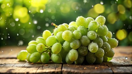 Fresh Bunch of Green Grapes on Rustic Wooden Table - Vibrant, Juicy, Organic Grapes for Healthy Eating, Natural Light, Close-Up, Delicious Fruit Photography