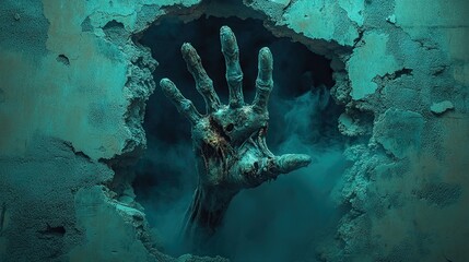 Grotesque Zombie Hand Emerging from Decayed Wall