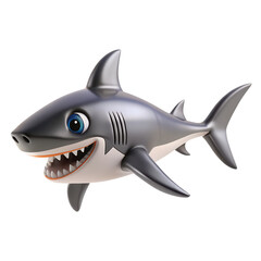 A friendly cartoon shark with a big smile and bright blue eyes. This charming character features a sleek design, swimming joyfully in a whimsical ocean setting.