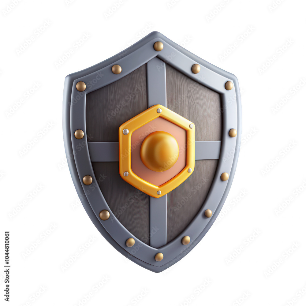 Poster a detailed 3d render of a shield model featuring a central octagonal emblem, showcasing a metallic f