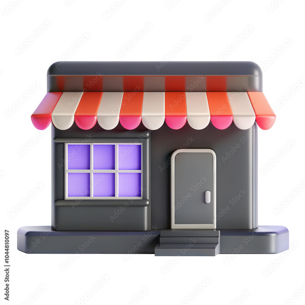 Poster a vibrant 3d render of a small storefront featuring a striped awning and colorful windows, set isola