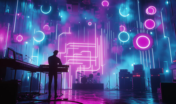 Image of a concert with the silhouette of the instruments and the keyboard player on a blue and pink neon background. Funky and pop. 