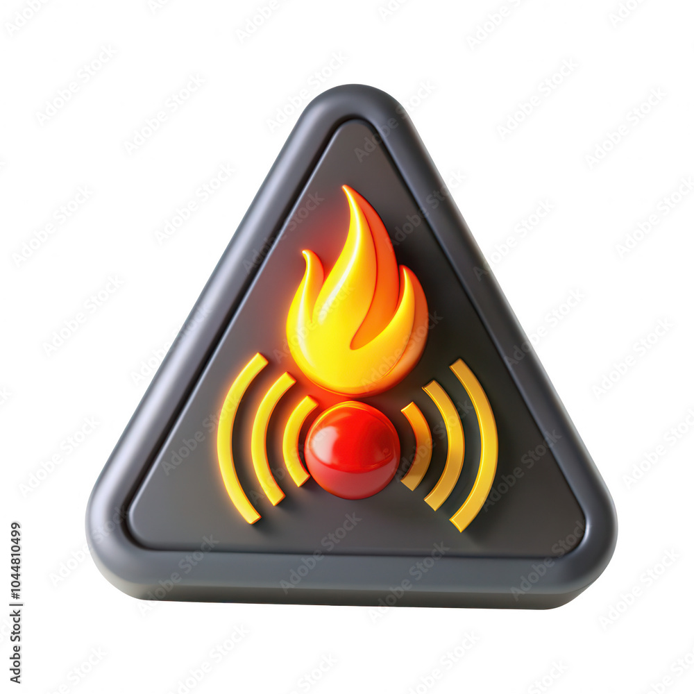 Poster a 3d render of a fire safety symbol featuring a flame and sound waves against a dark triangular back