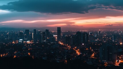 Fototapeta premium A panoramic banner mockup featuring an urban skyline at dusk with city lights, providing ample blank space for commercial text overlay, ideal for business or nightlife promotions