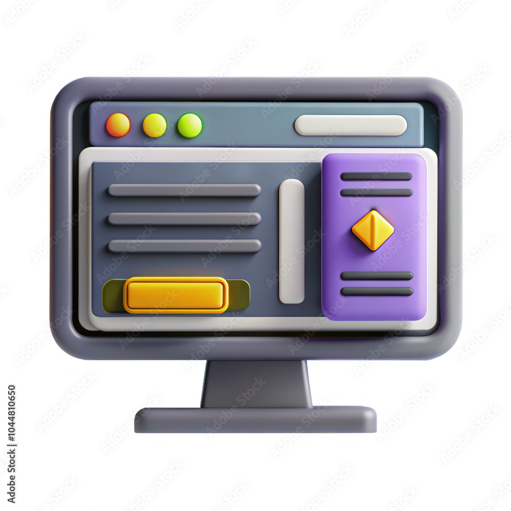 Poster This image features a 3D model of a computer monitor showcasing colorful buttons and a navigation panel, designed for visual appeal.