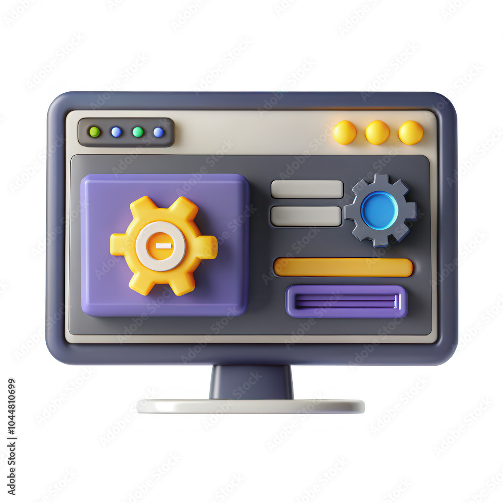 Poster this image features a colorful, 3d rendered computer screen with various buttons and gears, showcasi
