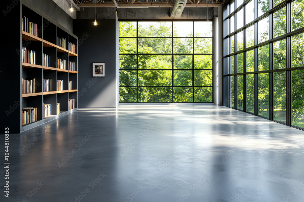 Poster bright and inviting modern library space with large windows overlooking lush greenery