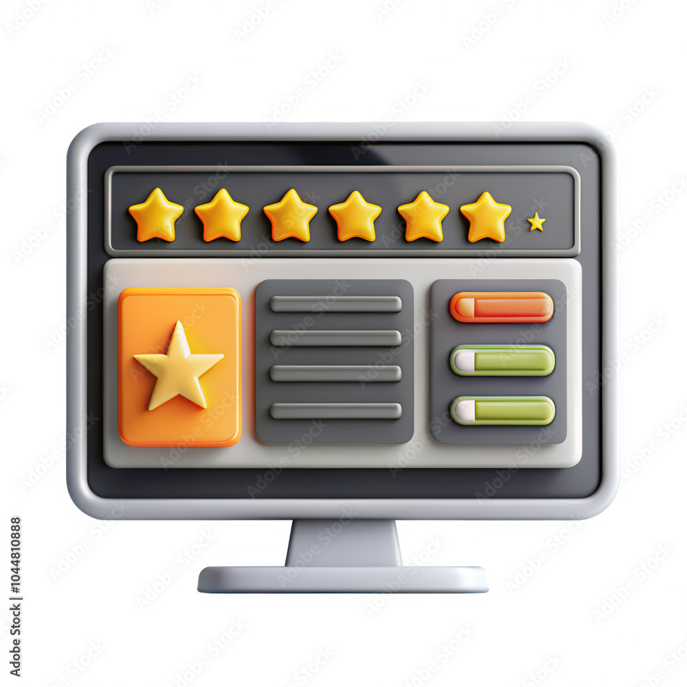 Poster this is a 3d render of a computer screen featuring star ratings, visual elements in vibrant colors, 
