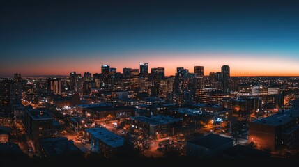 Fototapeta premium A panoramic banner mockup featuring an urban skyline at dusk with city lights, providing ample blank space for commercial text overlay, ideal for business or nightlife promotions