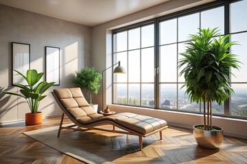 Fototapeta premium Minimalist Room with Chaise Lounge, Potted Plant, and Large Windows for Natural Light, Perfect for Interior Design Inspiration, Relaxation Spaces, and Modern Aesthetics