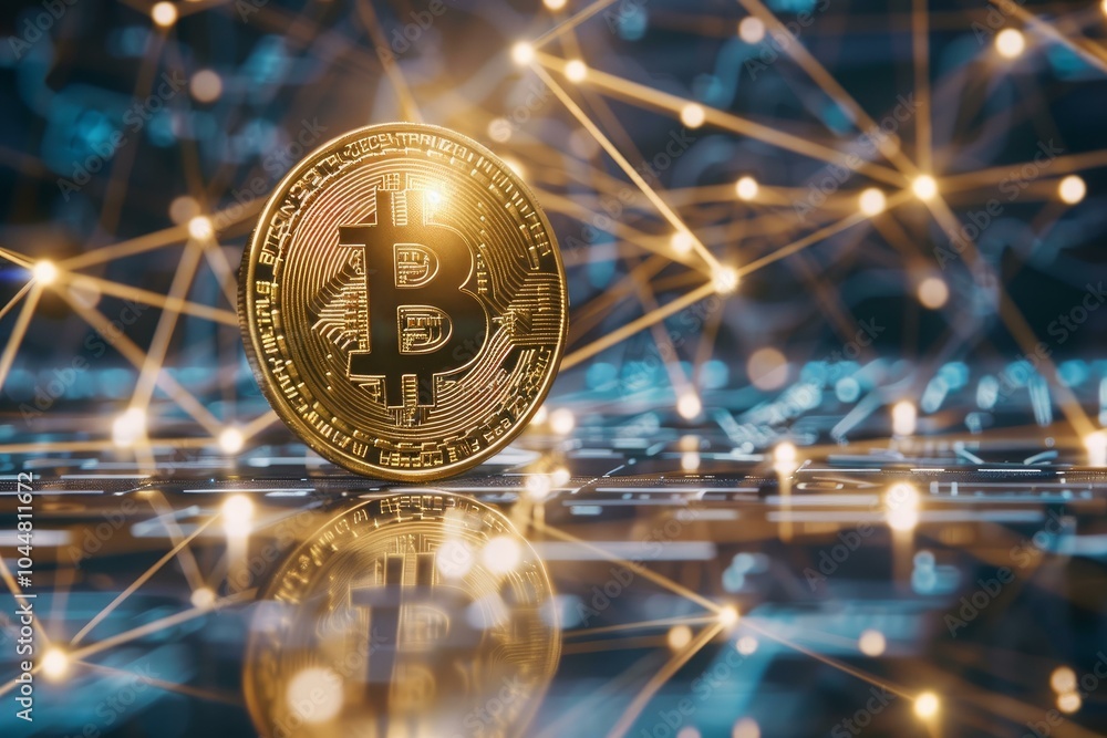 Poster golden bitcoin is standing on electronic circuit board with network connection in background