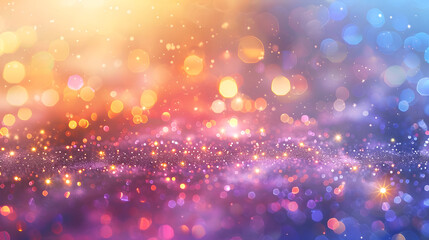 Obraz premium Glittering gradient background with hologram effect and magic lights. Holographic abstract fantasy backdrop with fairy sparkles, gold stars and festive blurs