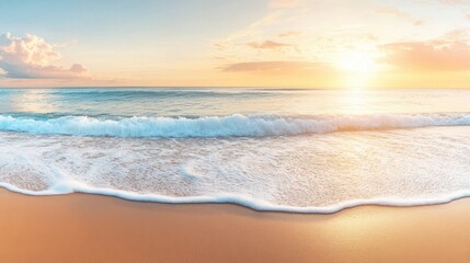 Obraz premium A panoramic banner mockup of a serene beach sunset with golden sands and gentle waves, providing blank space for commercial text overlay, ideal for travel or leisure promotions
