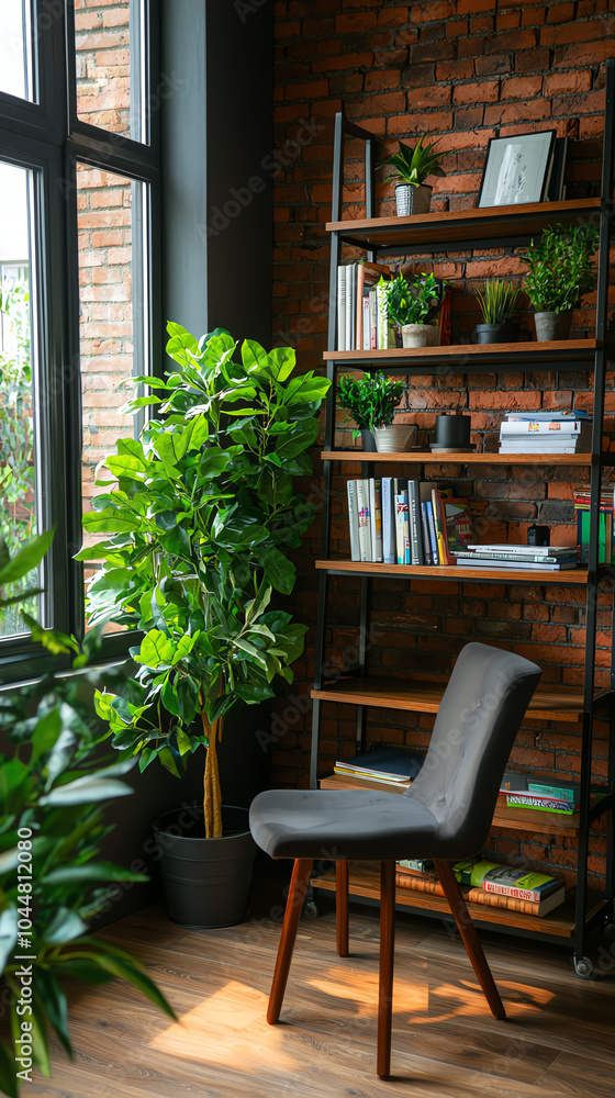 Poster charming indoor space with bookshelf and greenery a cozy reading nook in a modern setting