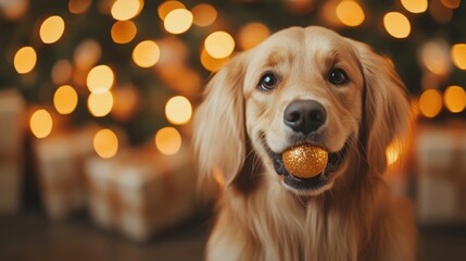 A cheerful dog proudly carries a small ball in its mouth, surrounded by twinkling Christmas lights, creating a warm festive atmosphere.