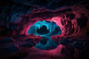 Surreal Cave Landscape with Stalactites and Reflections