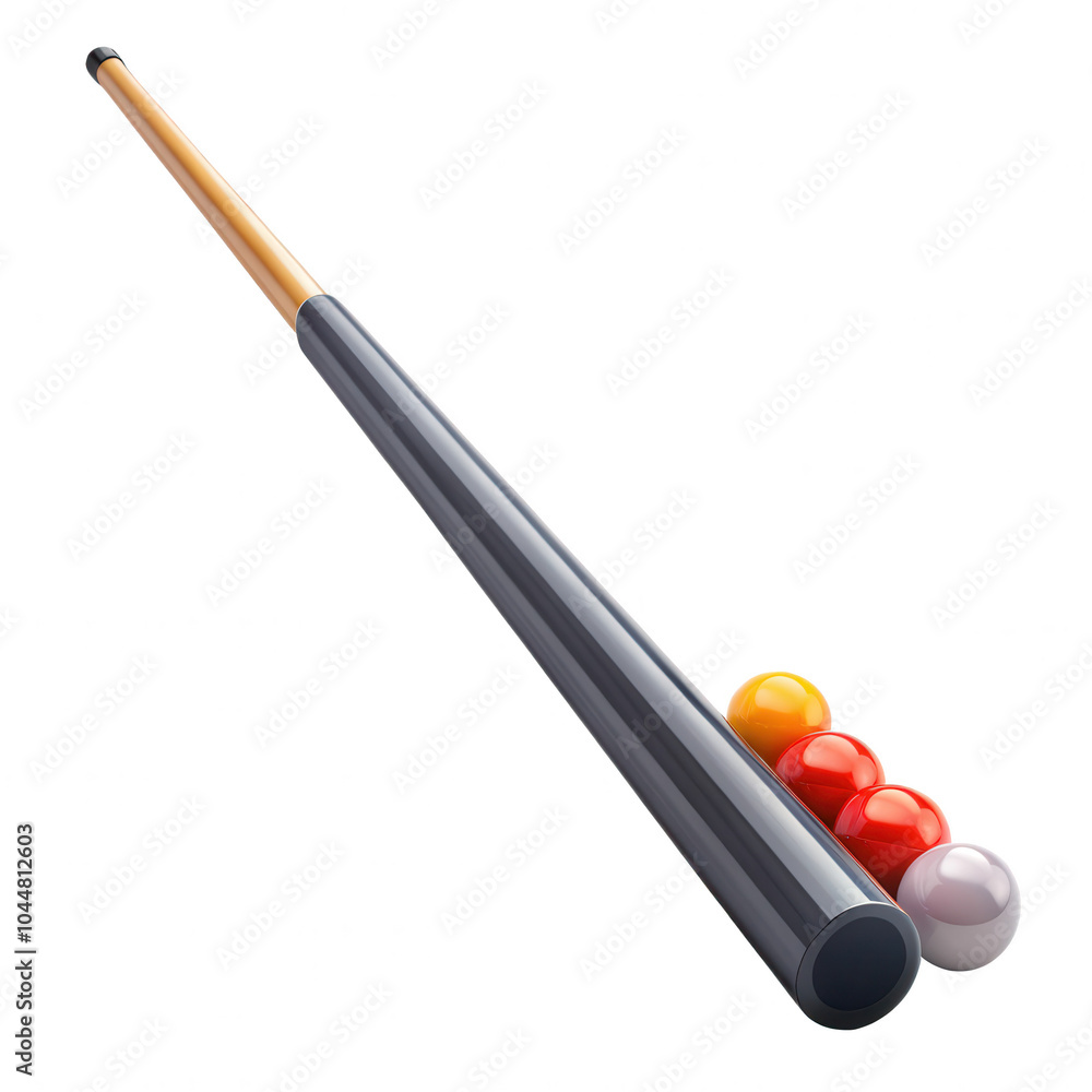 Poster a 3d render of a billiard cue stick with multi-colored billiard balls atop. the model is isolated fo