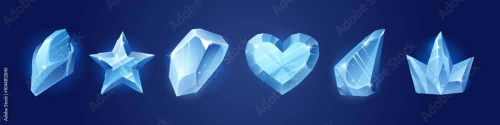 Poster crystal ice formations of different shapes - simple geometric stone and star, crown and heart with d