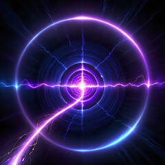 A glowing purple and blue circle with lightning bolts radiating outward against a dark background, creating a sense of energy and power.