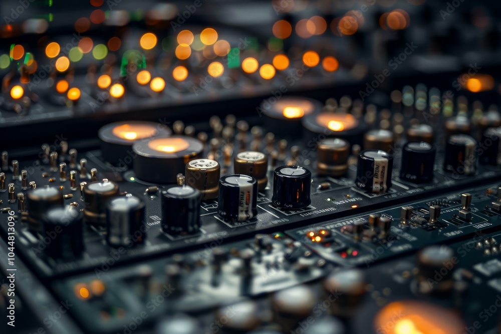 Poster close up of an electronic circuit board showing glowing leds and capacitors, highlighting the comple