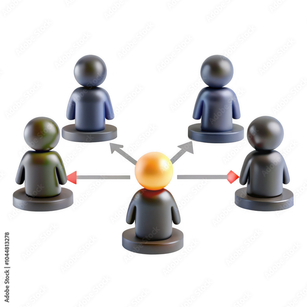 Poster a 3d representation of group dynamics with five stylized figures. the central figure is distinct, sh