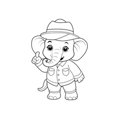 Black and white line art for kids coloring book of a cute small elephant give instructions, vector illustration design.