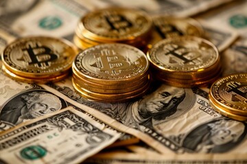 Golden bitcoin coins are lying on us dollar banknotes, the concept of cryptocurrency and digital payment system