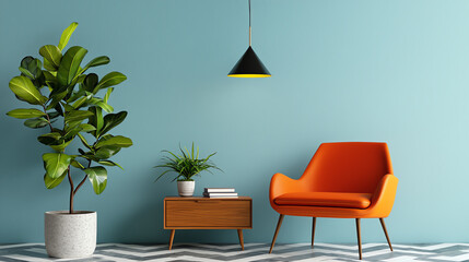 Modern living room design embracing minimalism with lush greenery and vibrant accents