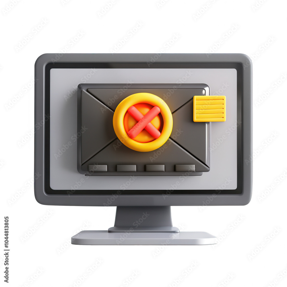 Poster a 3d rendered computer monitor displaying a caution symbol. the design features a black and yellow w