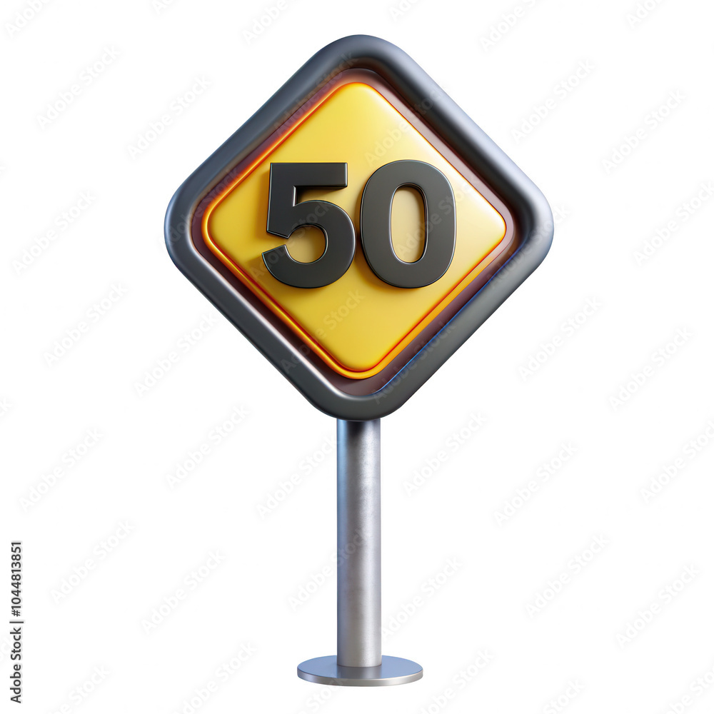 Poster A 3D render of a yellow diamond-shaped traffic sign displaying a speed limit of 50. The sign features a metallic pole and a modern design.