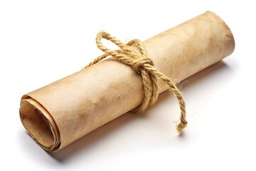 Vintage rolled parchment scroll tied with twine isolated on white background flat lay Low Angle