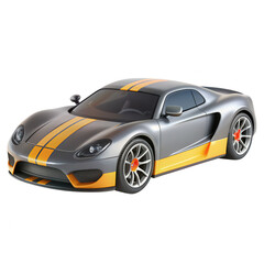 Obraz premium A sleek 3D render of a sports car with a modern design featuring orange stripes and alloy wheels, ideal for automotive enthusiasts.