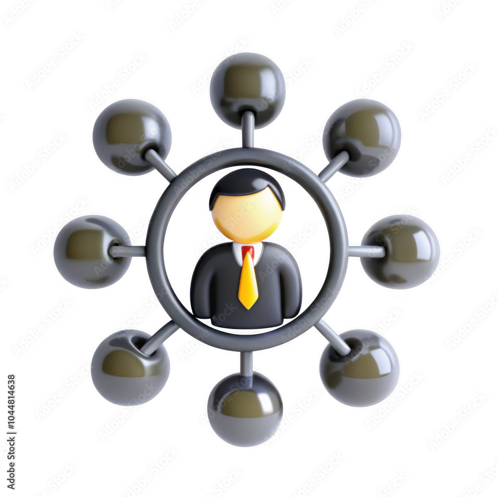 Poster a 3d rendered icon showing a businessman in a suit with connections represented by nodes around him,