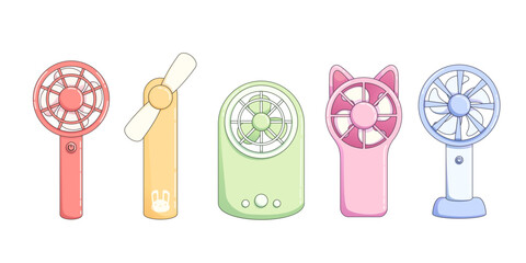 Portable and electric summer fan for office vector. Mini hand ventilator icon for table on battery. Handy climate equipment with propeller for airflow and ventilation. Cute childish compact device © klyaksun