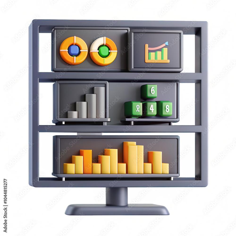 Aufkleber A 3D representation of a data visualization dashboard featuring various graphs and data points arranged on a display.