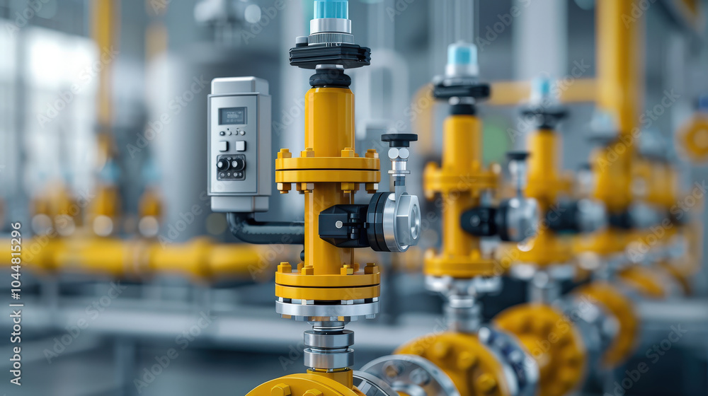 Poster close up of complex valve system showcasing intricate components and vibrant yellow color. this high