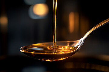 Close up spoon olive oil dropping on it with dark background, golden liquid generated.AI