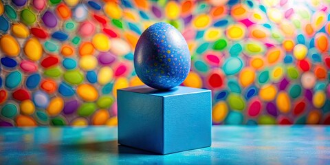 Modern Optical Illusion with Colorful Easter Eggs and 3D Rendered Blue Egg on Paper Cube - Abstract Composition for Festive Celebrations