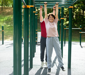 Elderly man and woman doing exercises on horizontal bars at outdoor sports ground