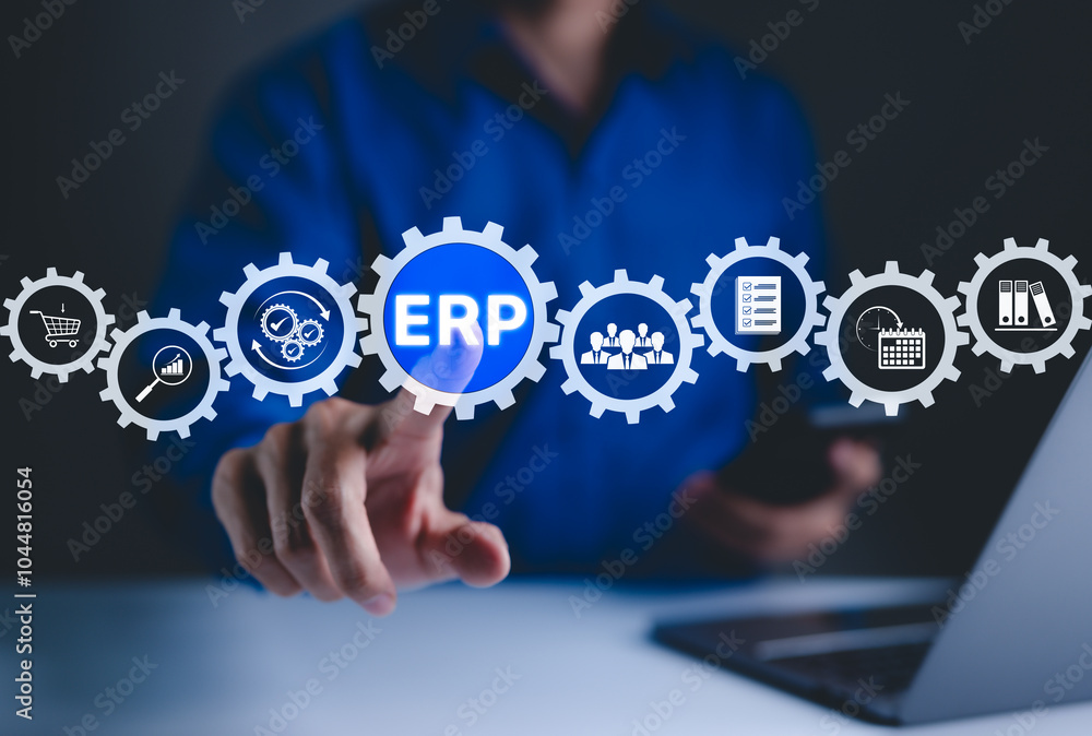 Poster erp - enterprise resource planning concept. digital interface of erp icons for business management, 