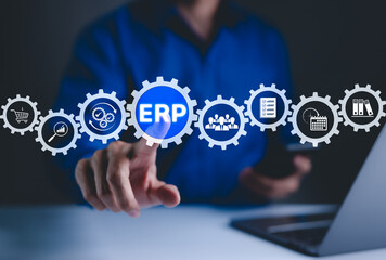 ERP - Enterprise Resource Planning Concept. Digital interface of ERP icons for business management,...